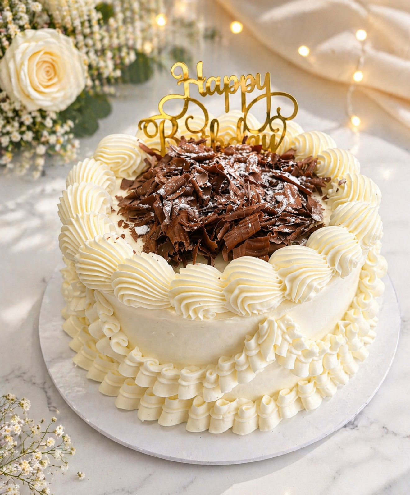 Vanilla cream birthday cake with dark chocolate shavings