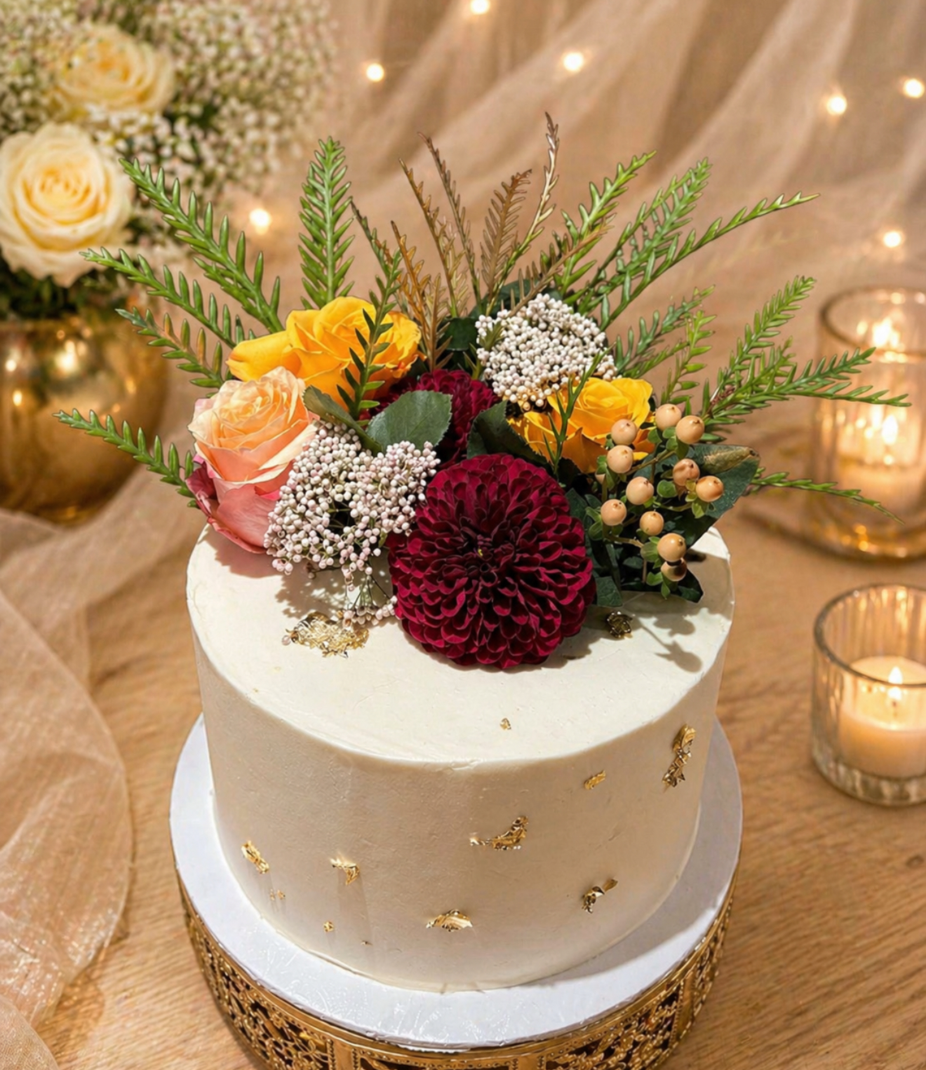 Single tier cream cake with fresh florals and gold leaf