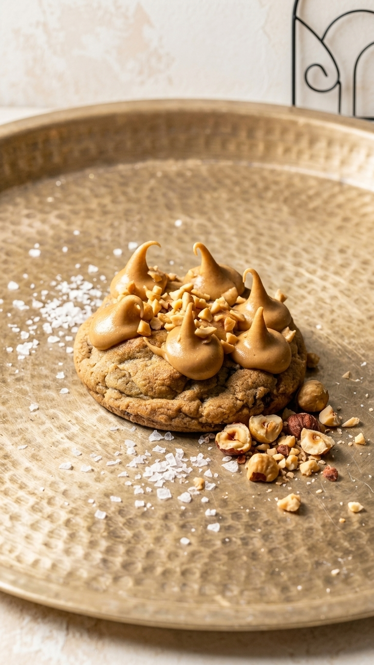 Hazelnut praline cookie on brass tray with sea salt