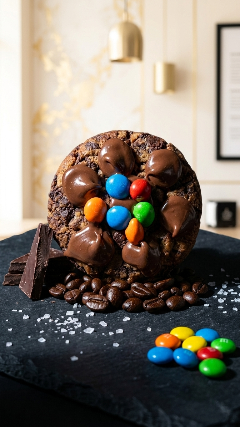 M&M chocolate stuffed cookie with coffee beans