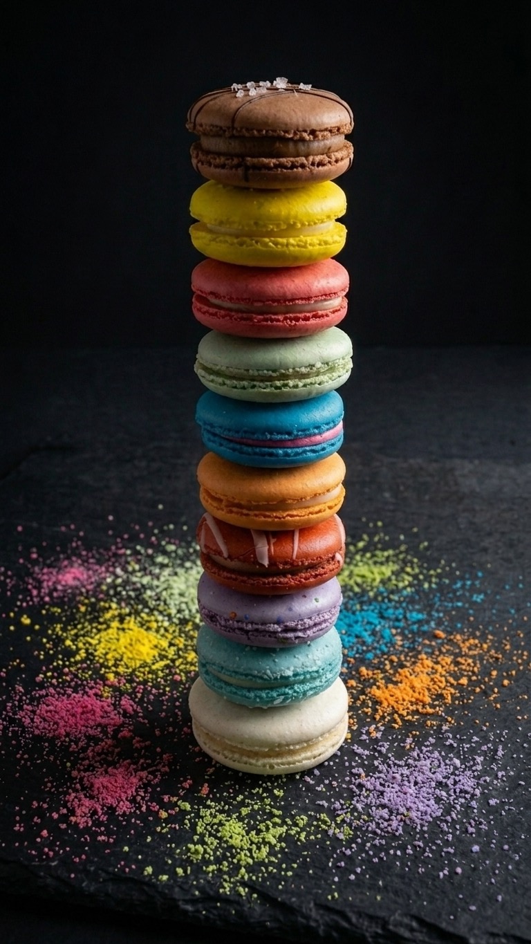 Golden Oven macaron tower — hand-piped French macarons in a rainbow of flavours