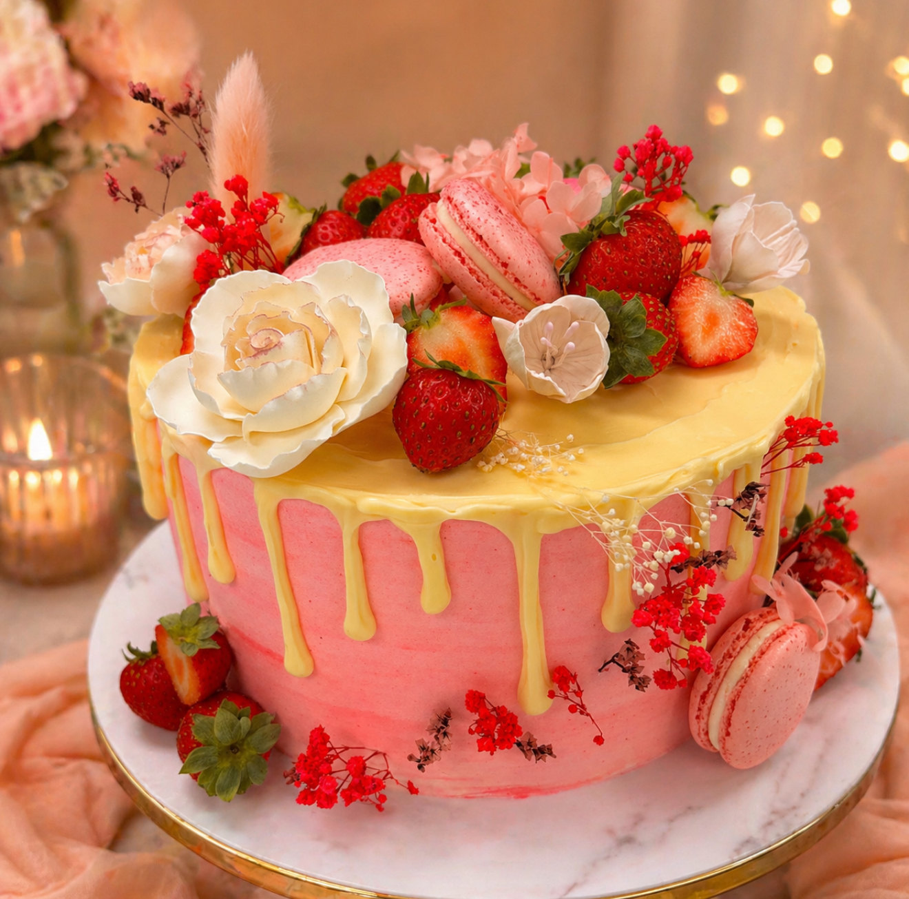 Pink strawberry drip cake with macarons and florals