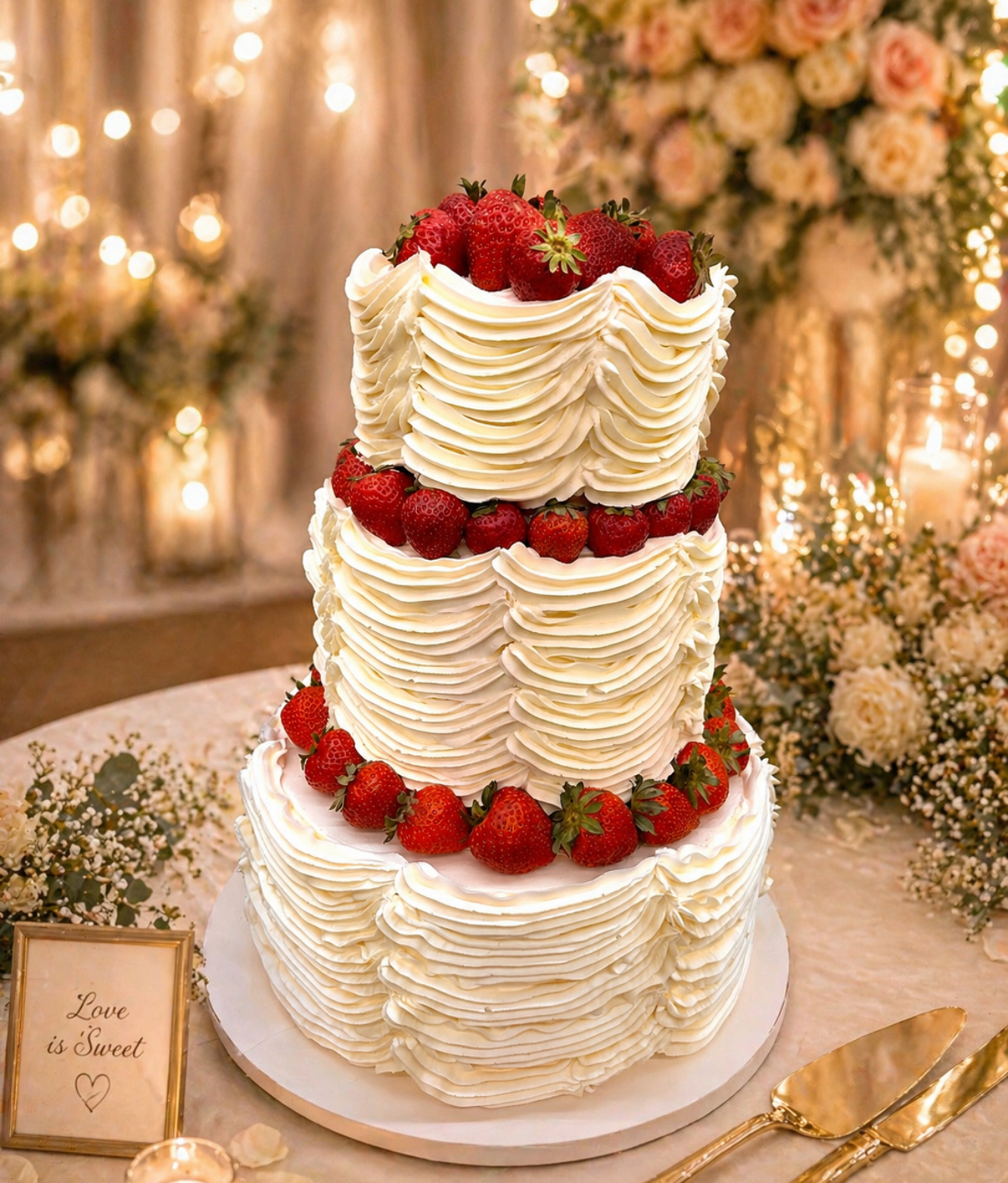 Three-tier ruffled cream cake with fresh strawberries