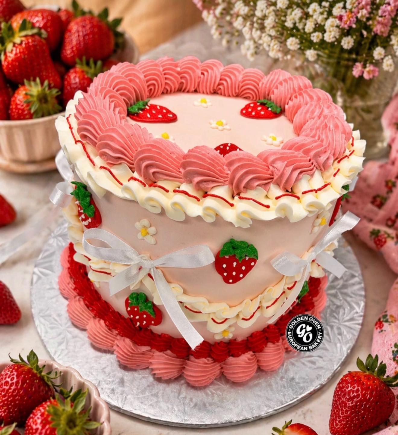 Vintage piped strawberry heart cake