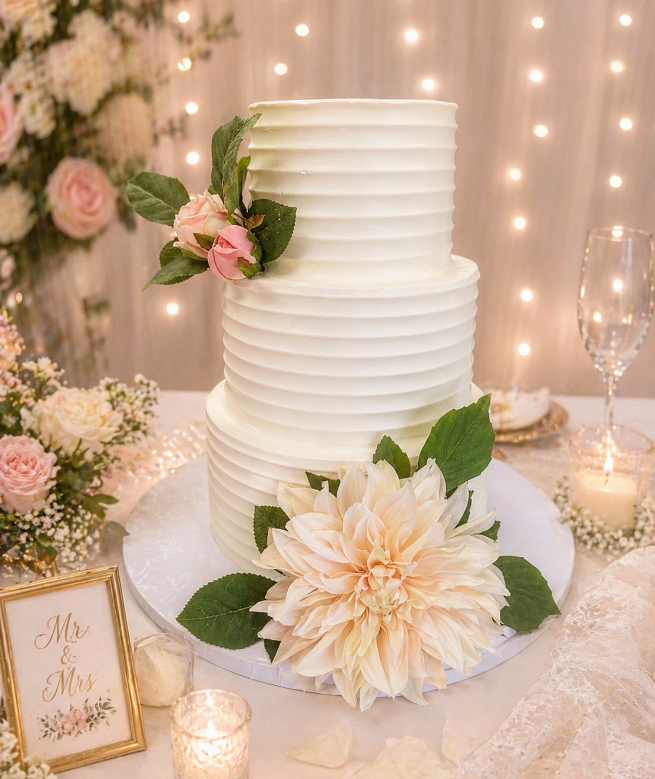 Three-tier white wedding cake with dahlia and roses